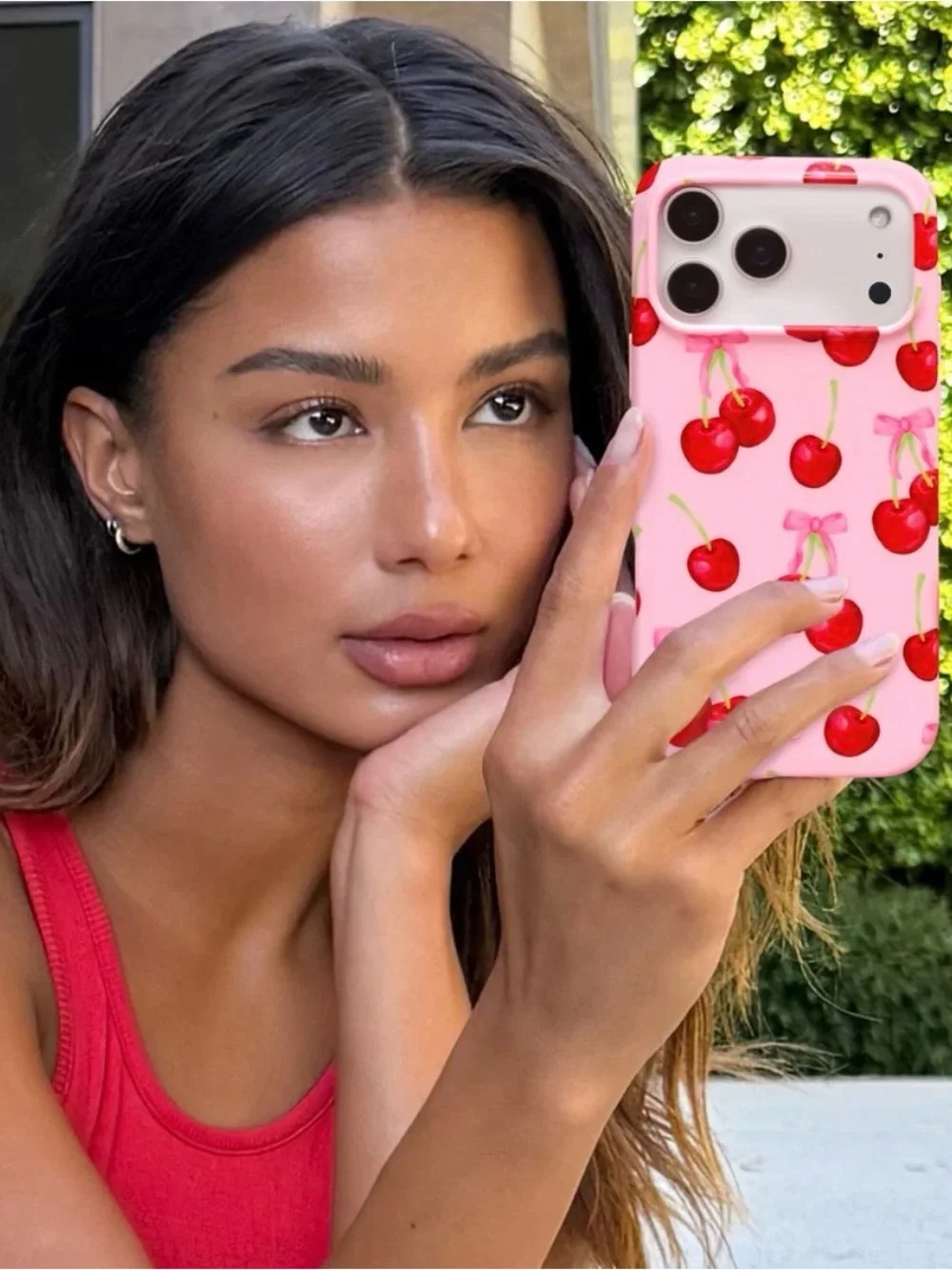 Velvet Caviar Pink Cherry iPhone 17 Pro Case with Red Cherry Print